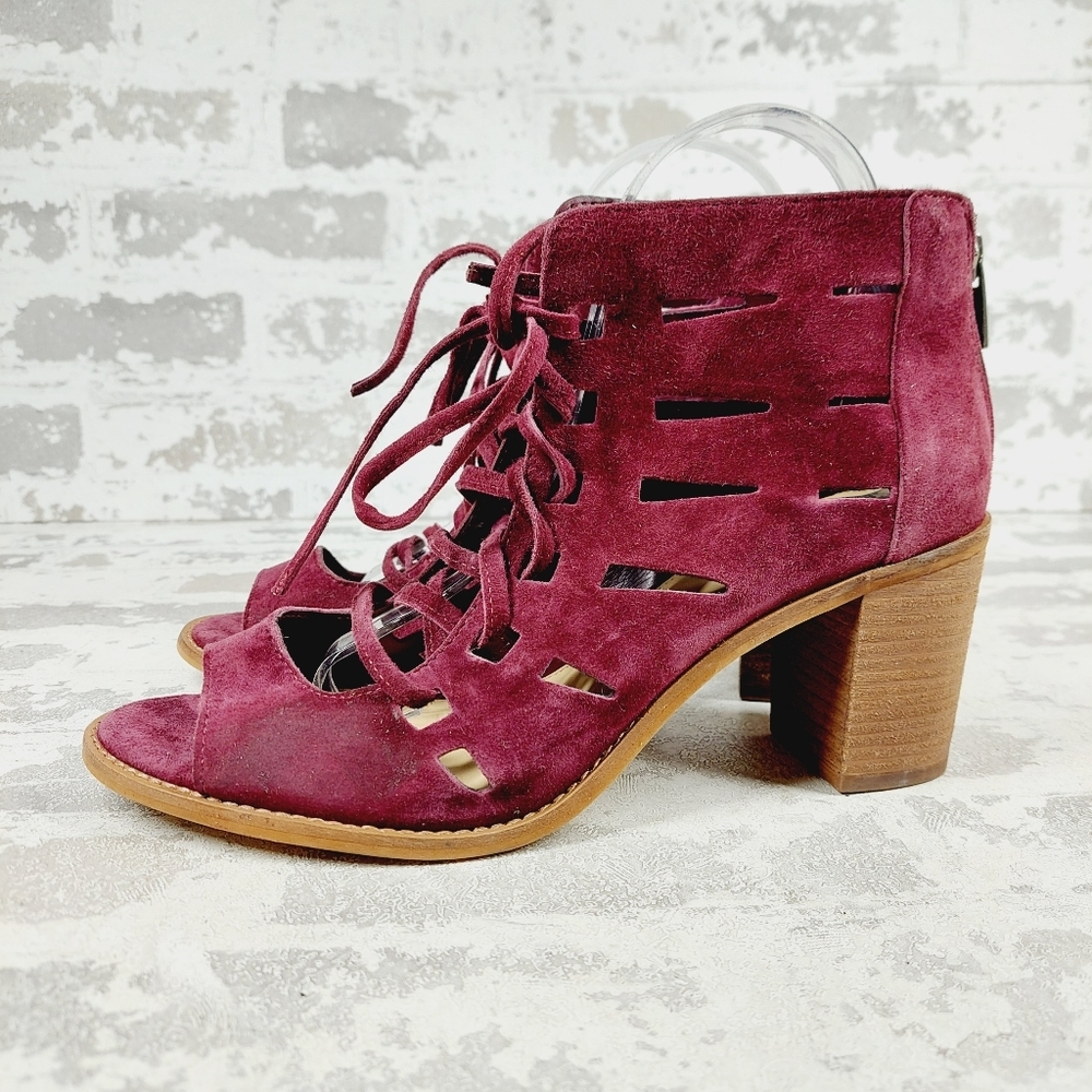 NEW Vince Camuto Purple Leather Tressa Lace Up Peep Toe Heeled Sandals Boot F709